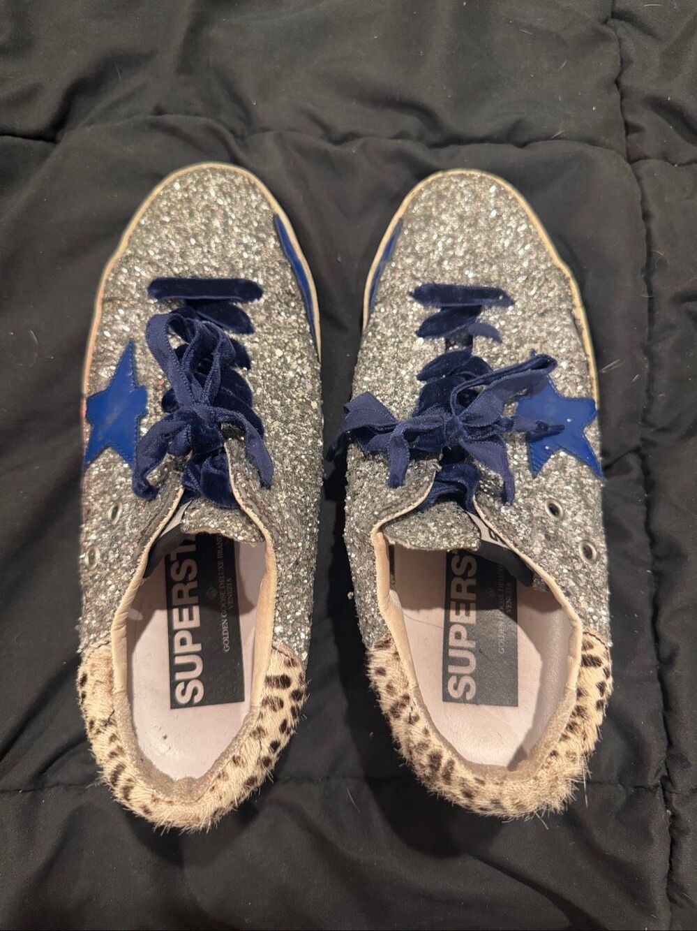 Golden Goose Silver Glitter Sneakers with Blue Star & Leopard Print Heel